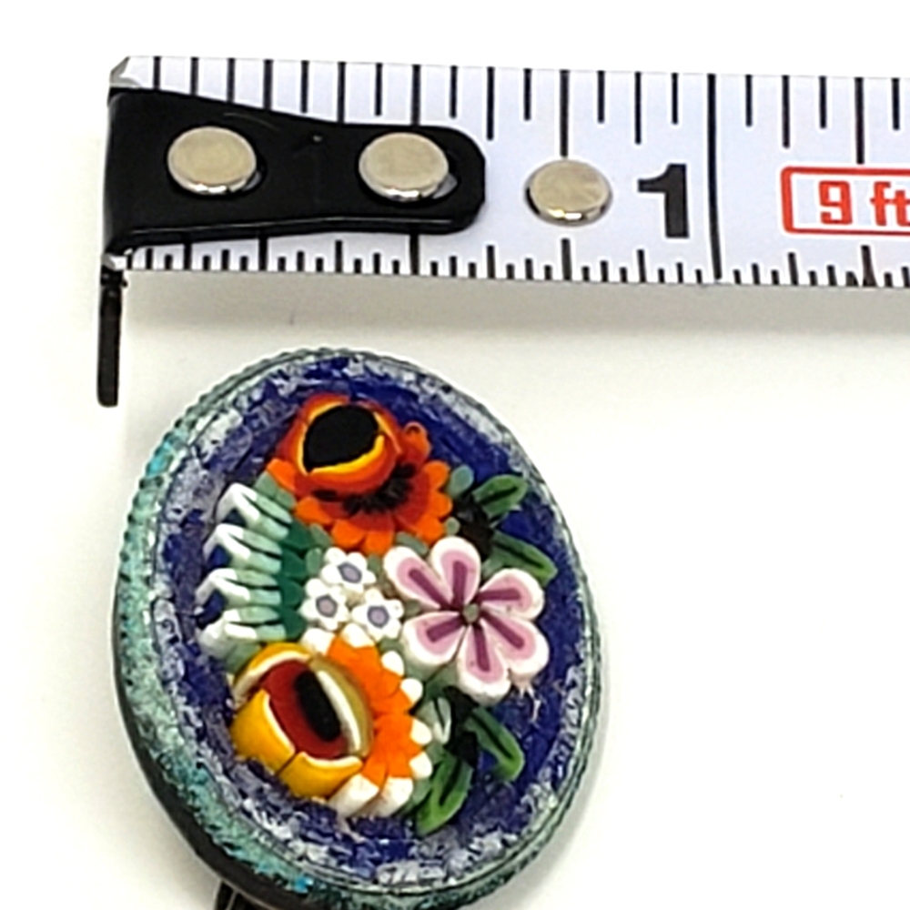 Vintage Micro Mosaic Raised Floral Oval Pin Brooch Purple Teal C Clamp - Picture 6 of 12